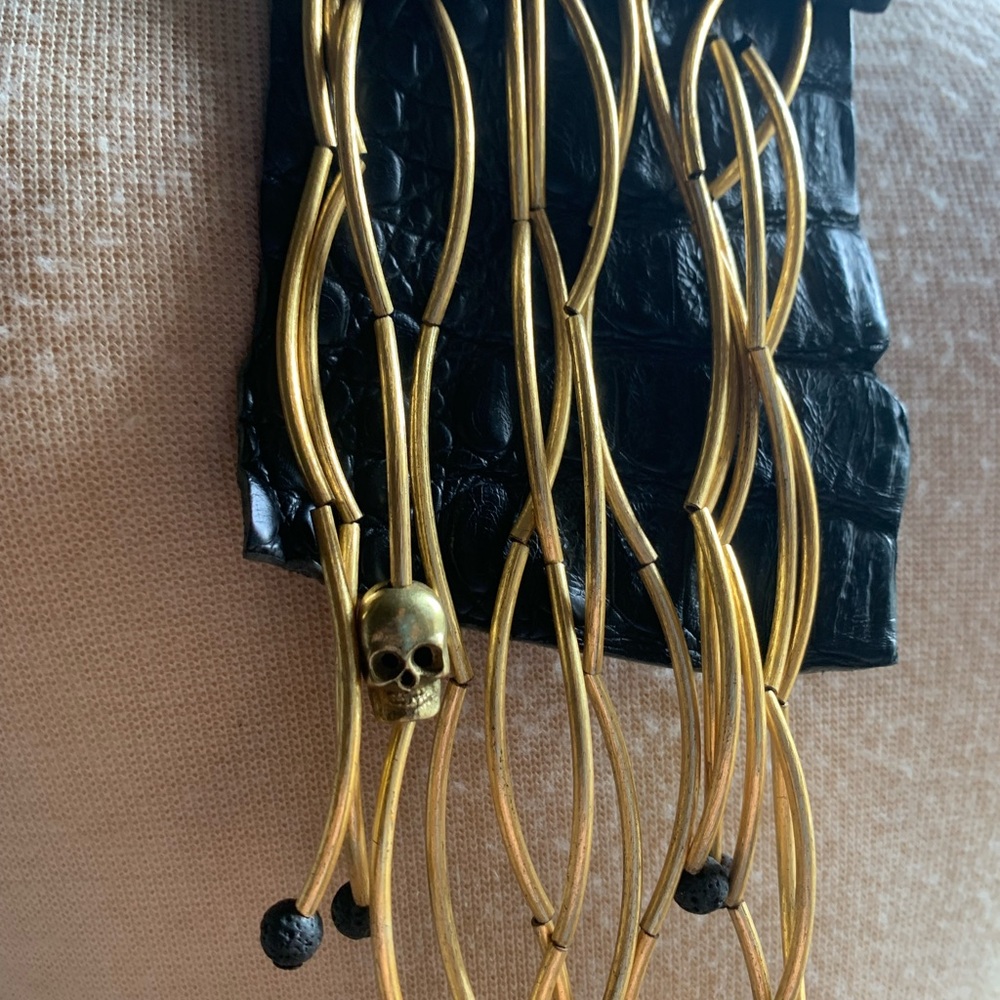 Sweet Olive Boho Black Crocodile & Brass Fringe Adjustable Necklace
